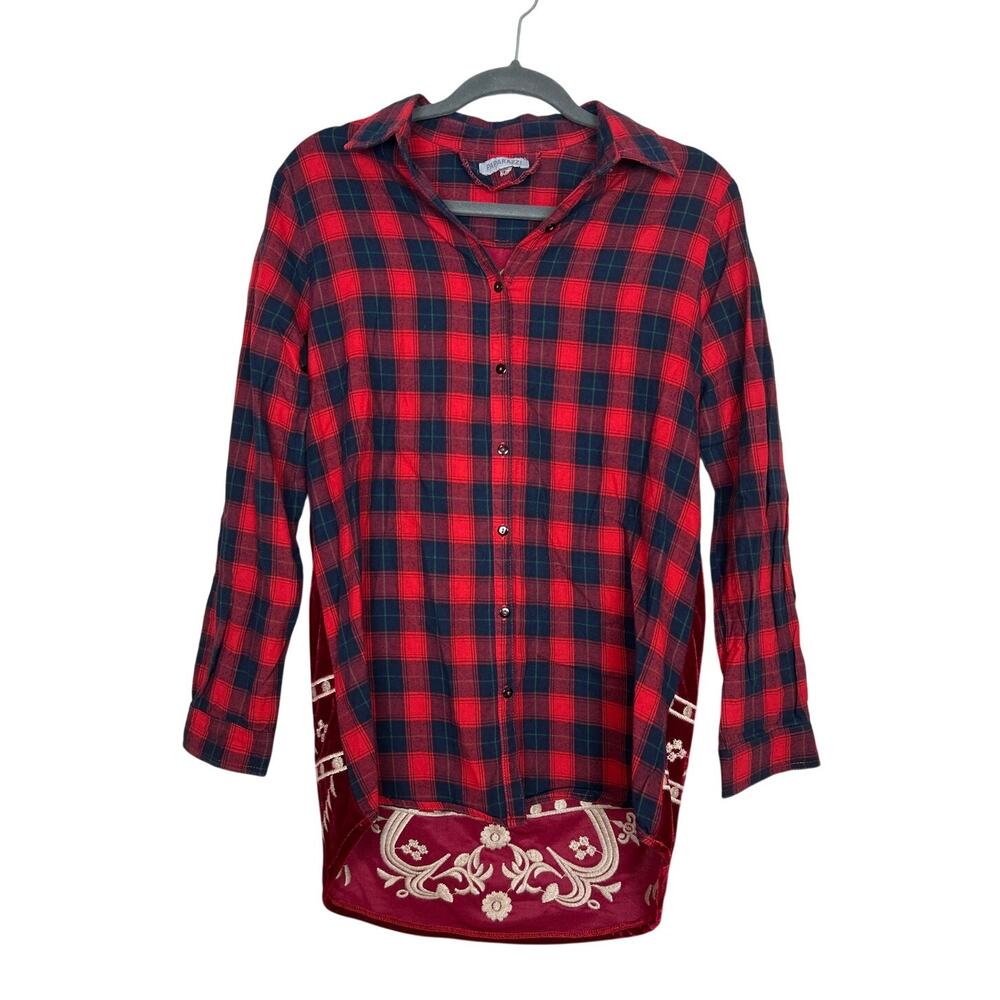 Paparazzi By Biz Womens S Oversized Red Embroidered Crushed Velvet Flannel Shirt